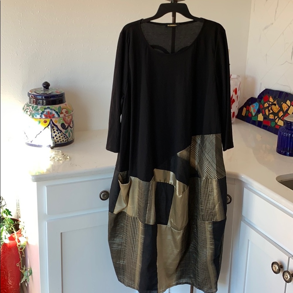 Black and Gold Maxi Dress with Metallic Paneling